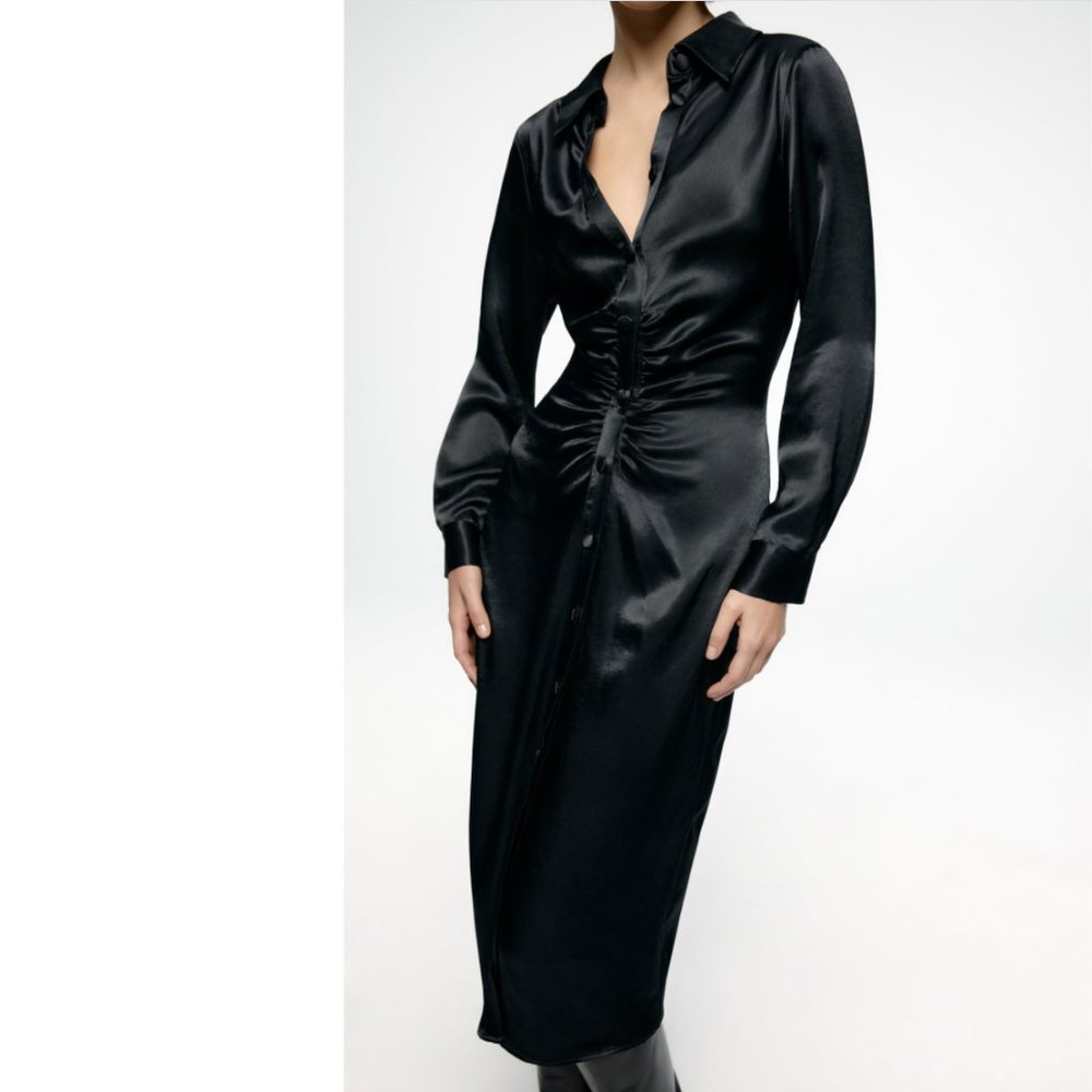 ZARA BLACK SATIN EFFECT BUTTON DOWN SHIRT MIDI MAXI DRESS $69.90